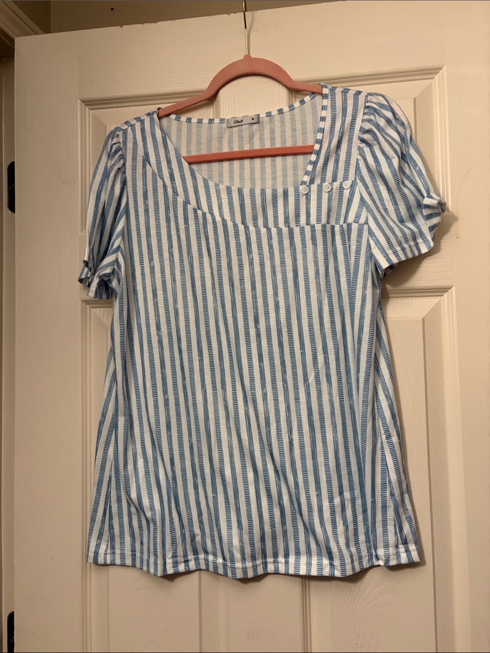 Blue & White Striped Scoop Neck Short Sleeve Top